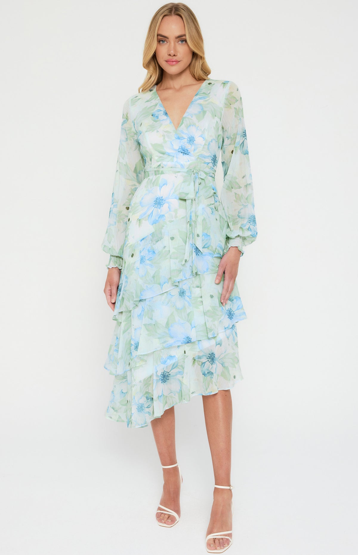 SOGNA COL Floral Print Midi Dress with Tiered Asymmetric Hem ADR1151-3A