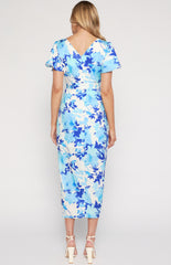 SOGNA COL Floral Butterfly Sleeve Dress with Tulip Hem SDR1332B