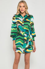 SOGNA COL Abstract Print Satin Shirt Dress with Tie Detail SDR1378B