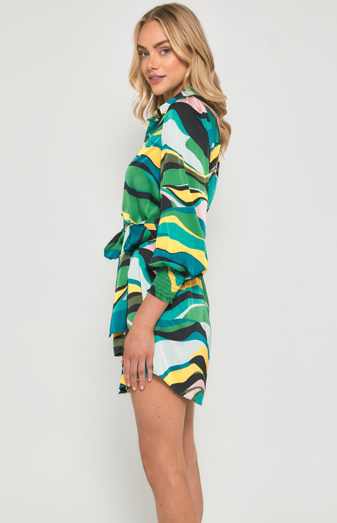 SOGNA COL Abstract Print Satin Shirt Dress with Tie Detail SDR1378B