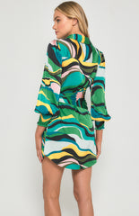 SOGNA COL Abstract Print Satin Shirt Dress with Tie Detail SDR1378B