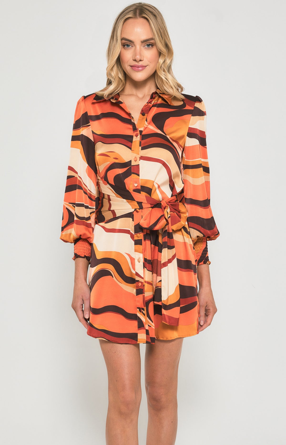 SOGNA COL Abstract Print Satin Shirt Dress with Tie Detail SDR1378B