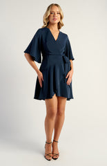 SOGNA COL Bell Sleeve Faux Wrap Dress with Layered Frill Hem SDR1521A