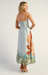 SOGNA COL Strapless Placement Print Floral A-Line Midi Dress SDR1691-2B