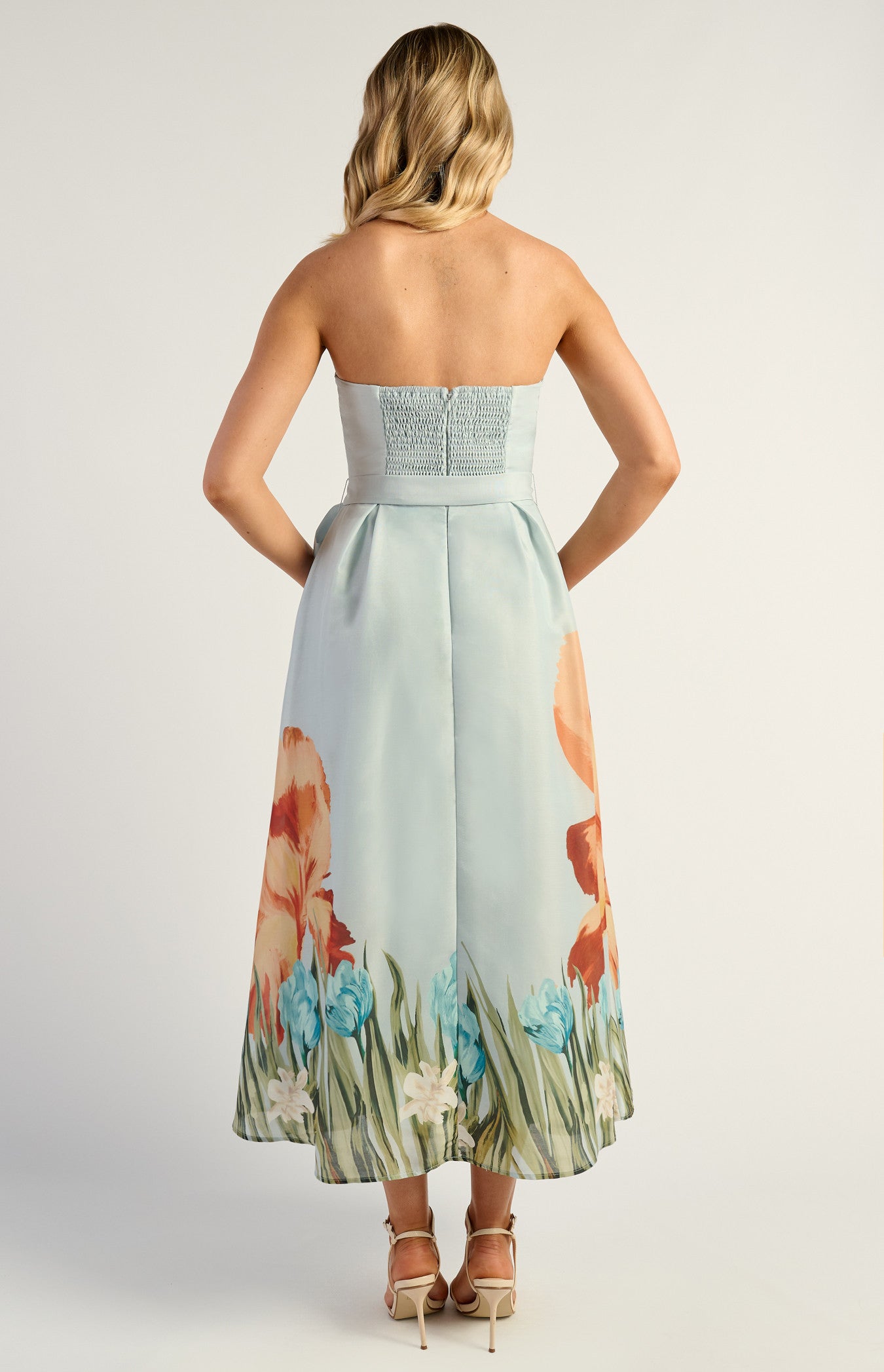 SOGNA COL Strapless Placement Print Floral A-Line Midi Dress SDR1691-2B