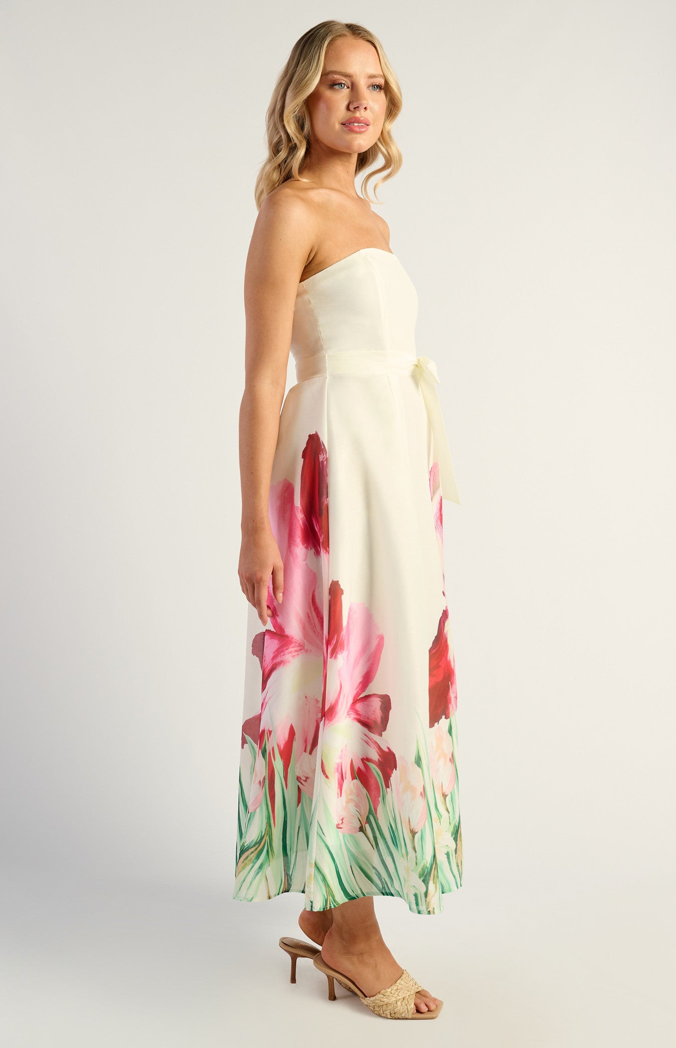 SOGNA COL Strapless Placement Print Floral A-Line Midi Dress SDR1691-2B