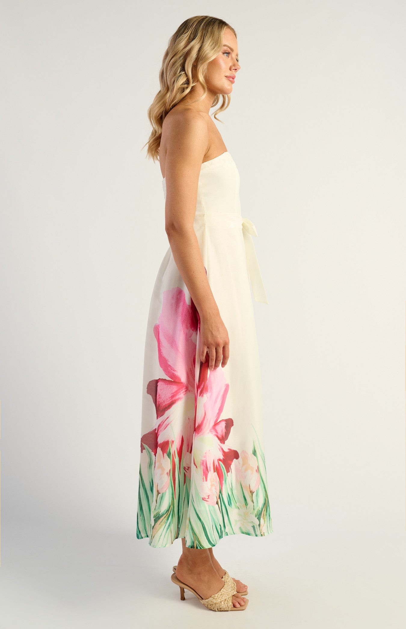 SOGNA COL Strapless Placement Print Floral A-Line Midi Dress SDR1691-2B