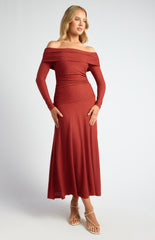 SOGNA COL Off Shoulder Ruched Bodice Textured Maxi Dress SDR1737A