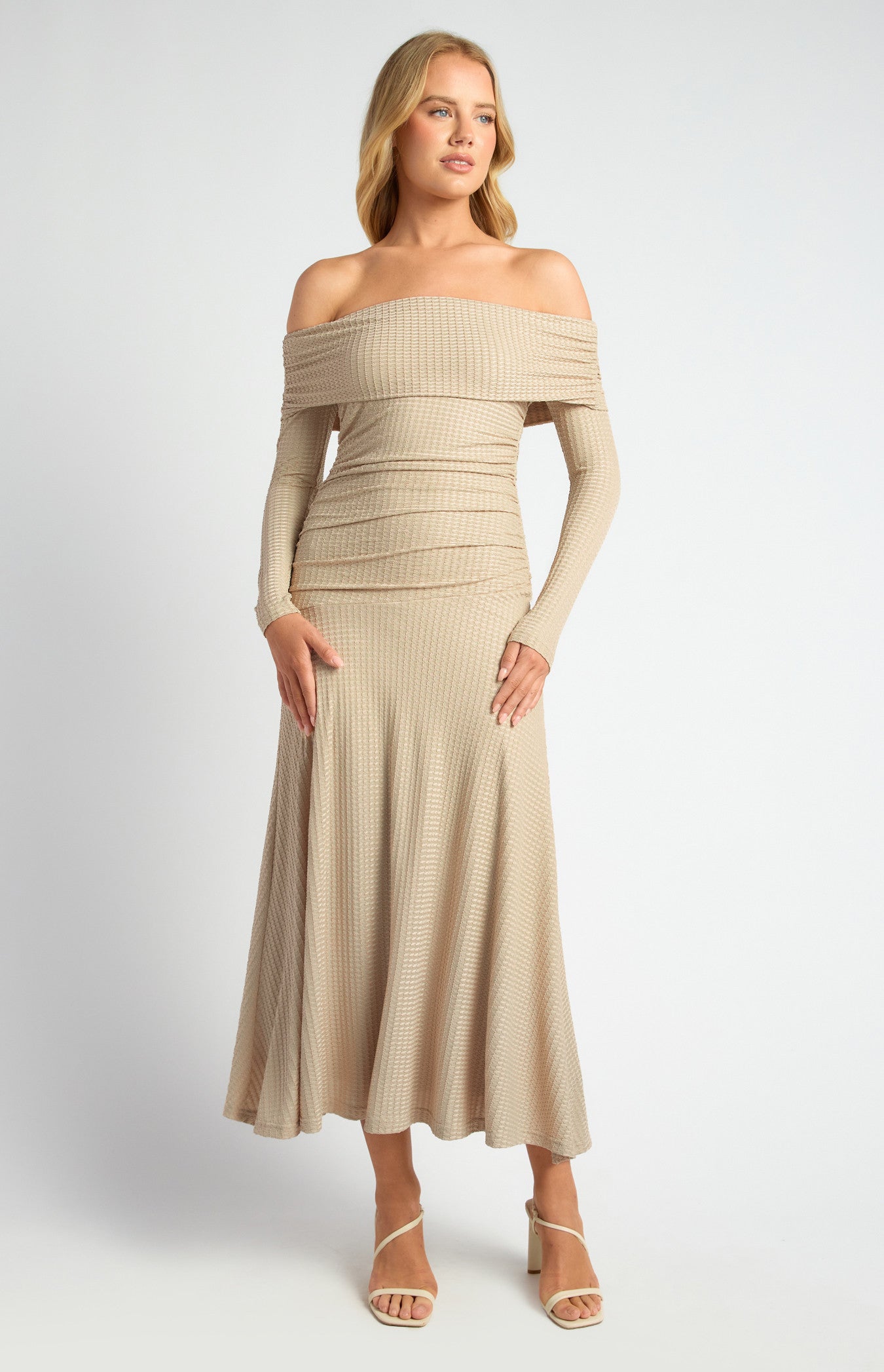 SOGNA COL Off Shoulder Ruched Bodice Textured Maxi Dress SDR1737A