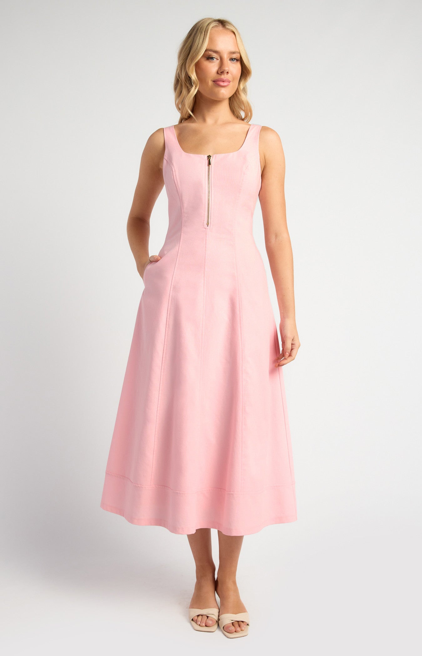 SOGNA COL Panel Detail Cotton Linen Midi Dress With Centre Front Zip SDR1754A