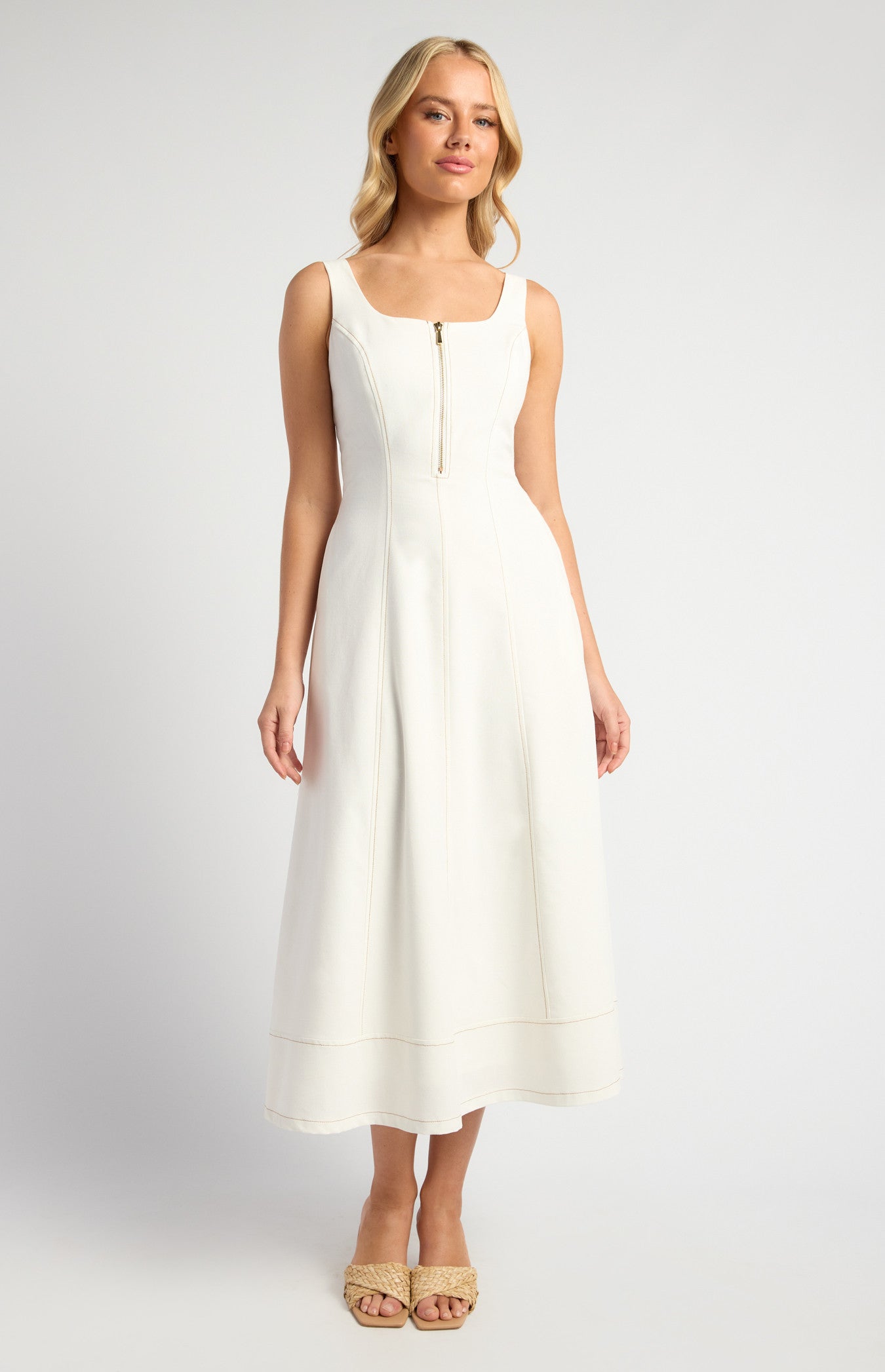 SOGNA COL Panel Detail Cotton Linen Midi Dress With Centre Front Zip SDR1754A