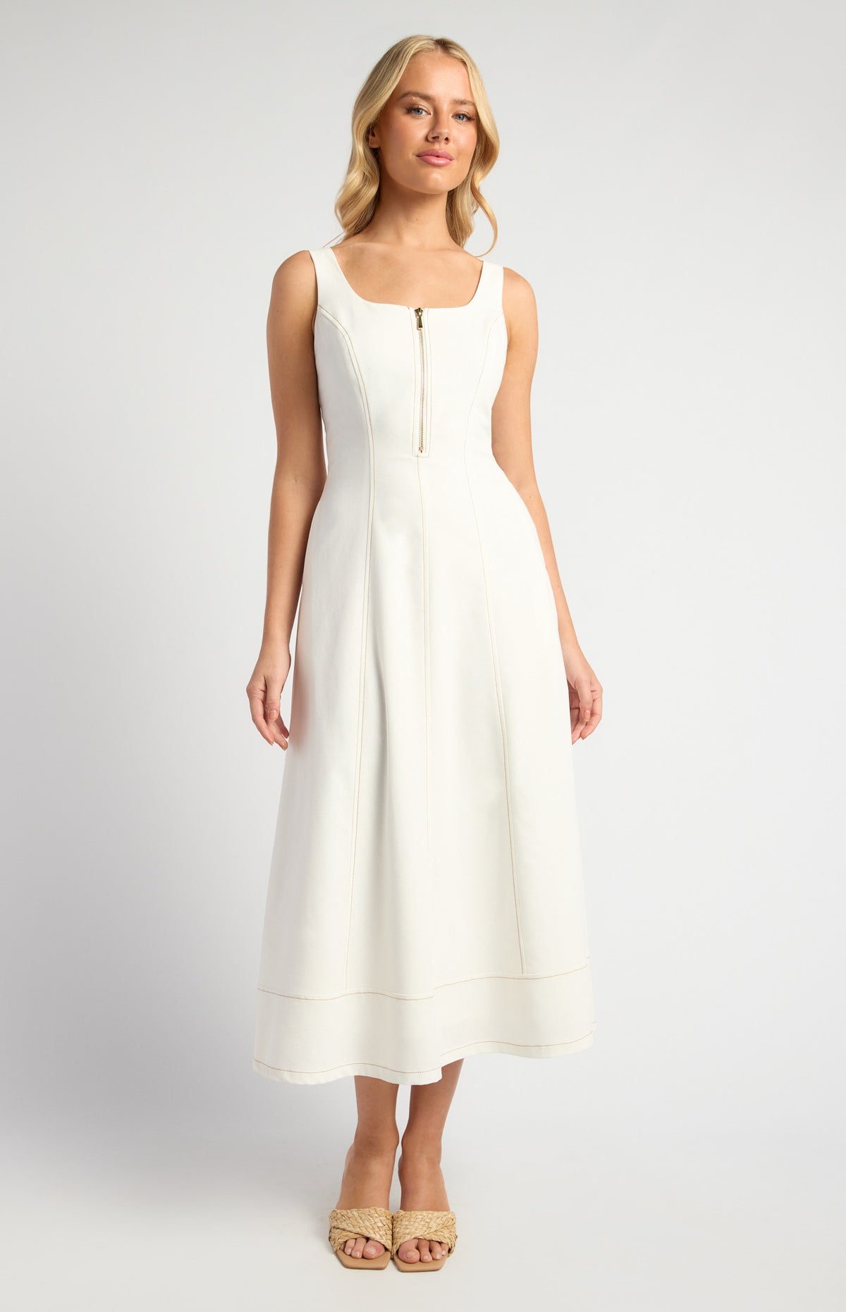 SOGNA COL Panel Detail Cotton Linen Midi Dress With Centre Front Zip SDR1754A