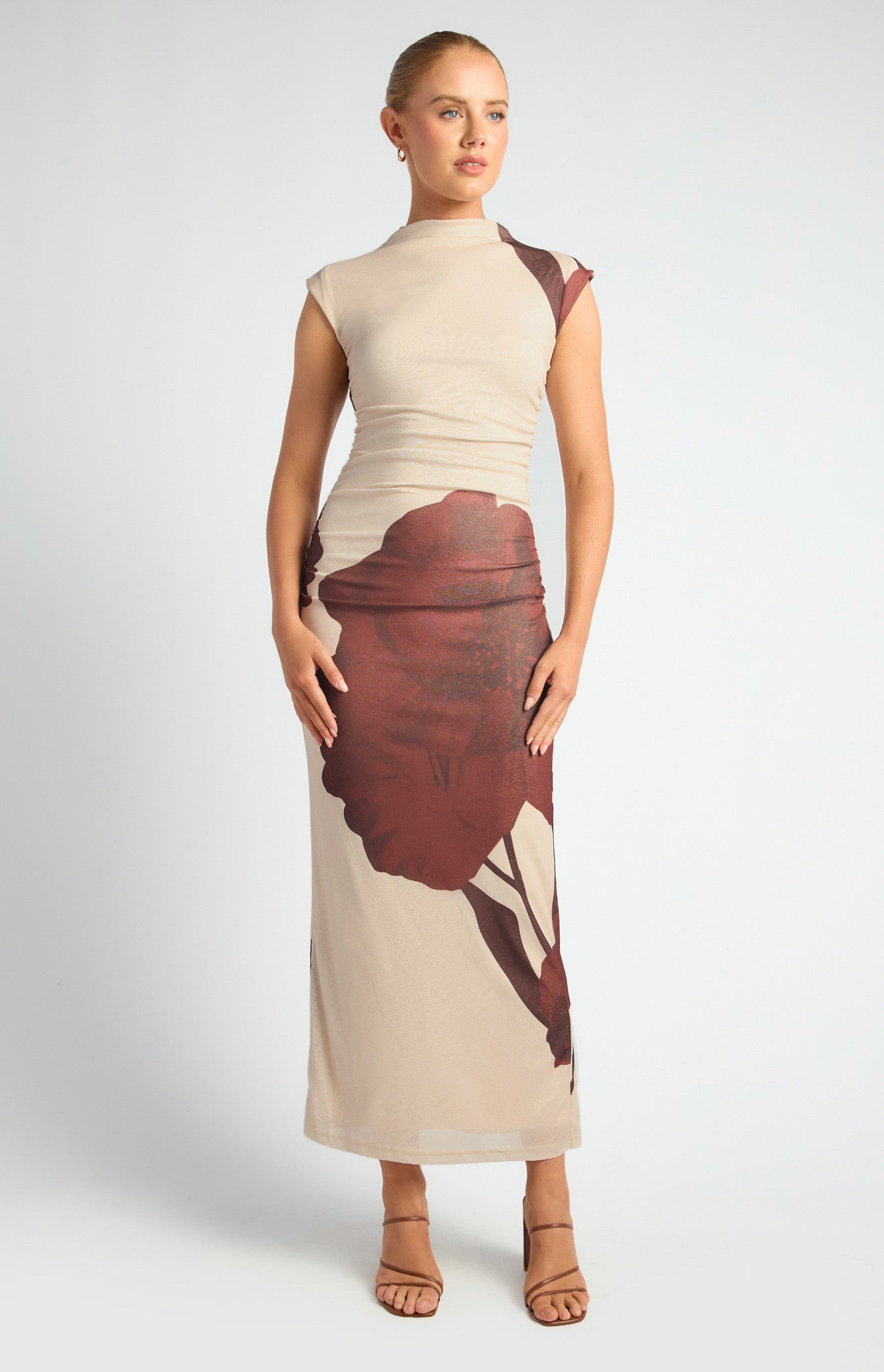 SOGNA COL Floral Mock Neck Tissue Jersey Midi Dress SDR1761A