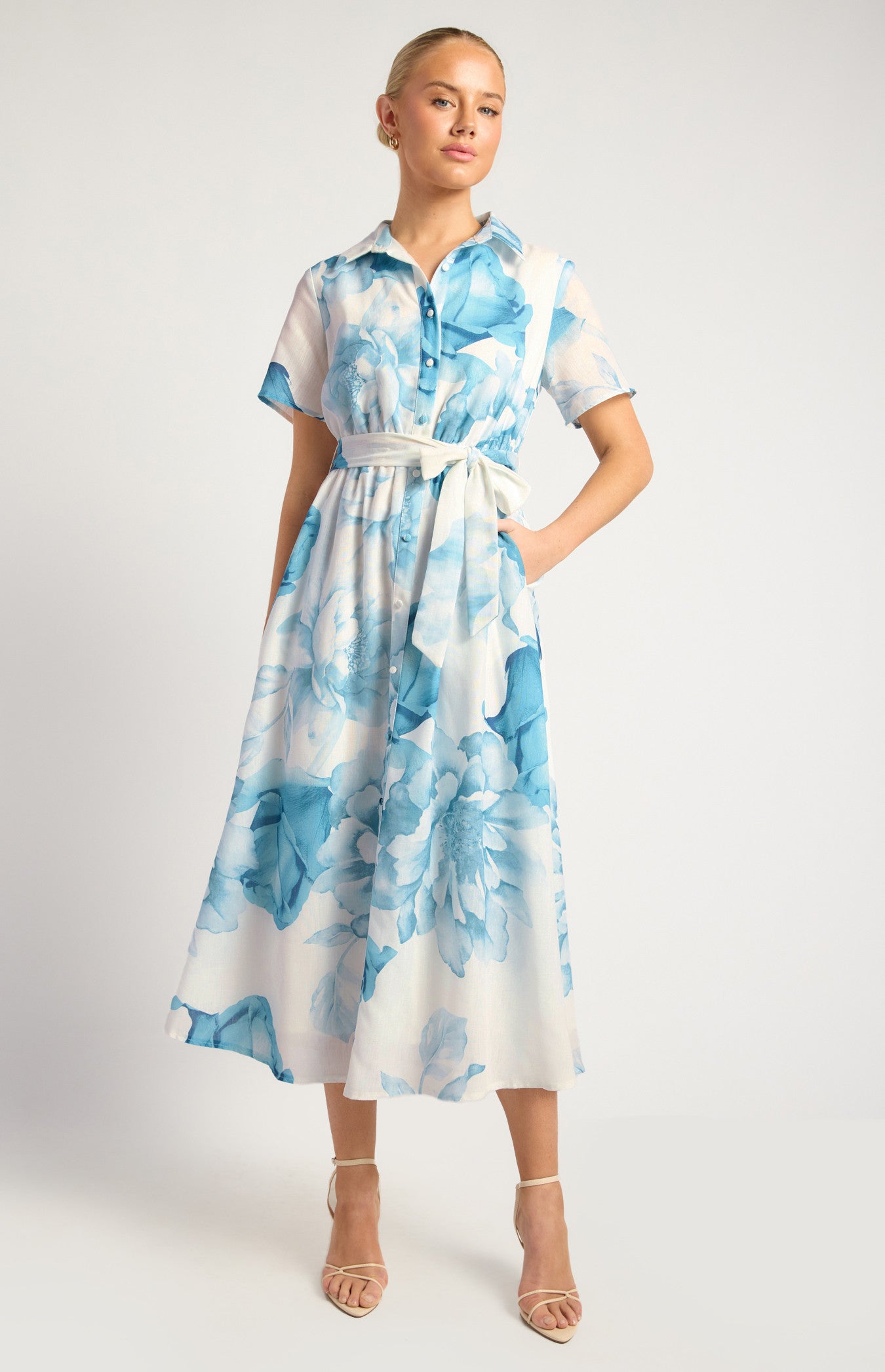 SOGNA COL Faux Linen Large Floral Print Midi Shirt Dress  - SDR1825A