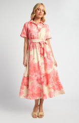 SOGNA COL Faux Linen Large Floral Print Midi Shirt Dress  - SDR1825A
