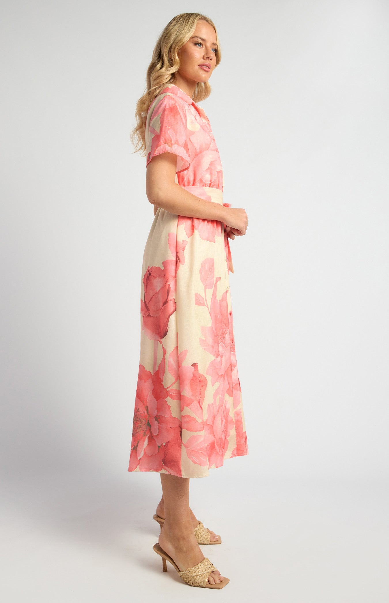 SOGNA COL Faux Linen Large Floral Print Midi Shirt Dress  - SDR1825A