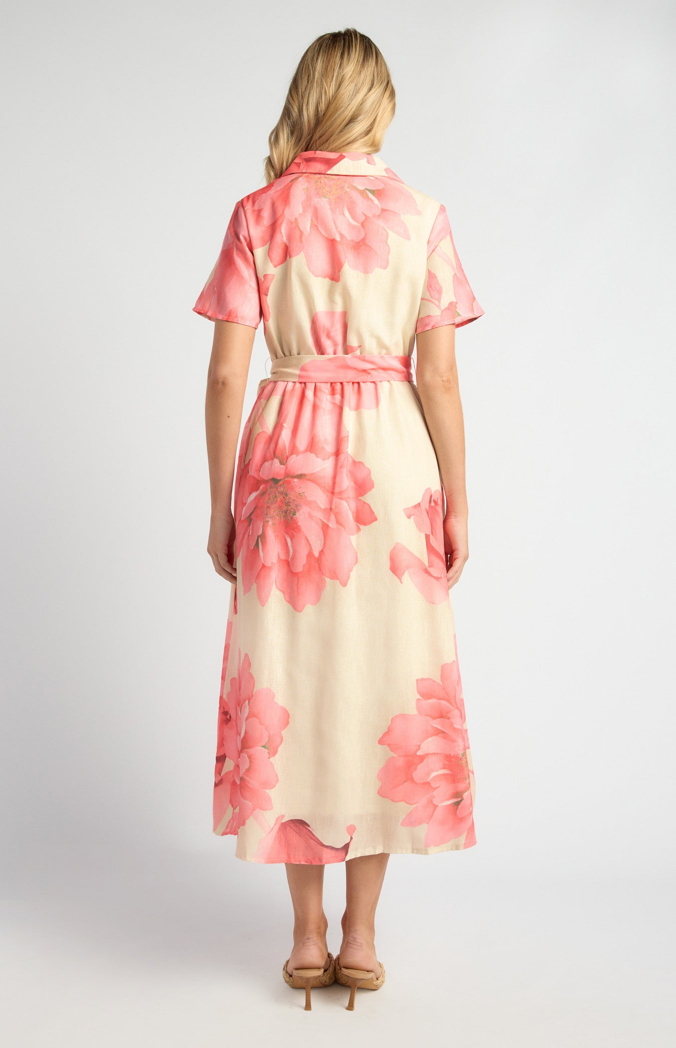 SOGNA COL Faux Linen Large Floral Print Midi Shirt Dress  - SDR1825A