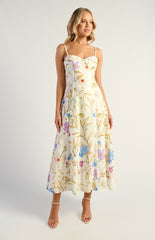 SOGNA COL Botanica Floral Faux Linen Bust Detail Midi Dress SDR1838A