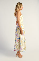 SOGNA COL Botanica Floral Faux Linen Bust Detail Midi Dress SDR1838A