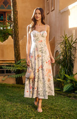 SOGNA COL Botanica Floral Faux Linen Bust Detail Midi Dress SDR1838A
