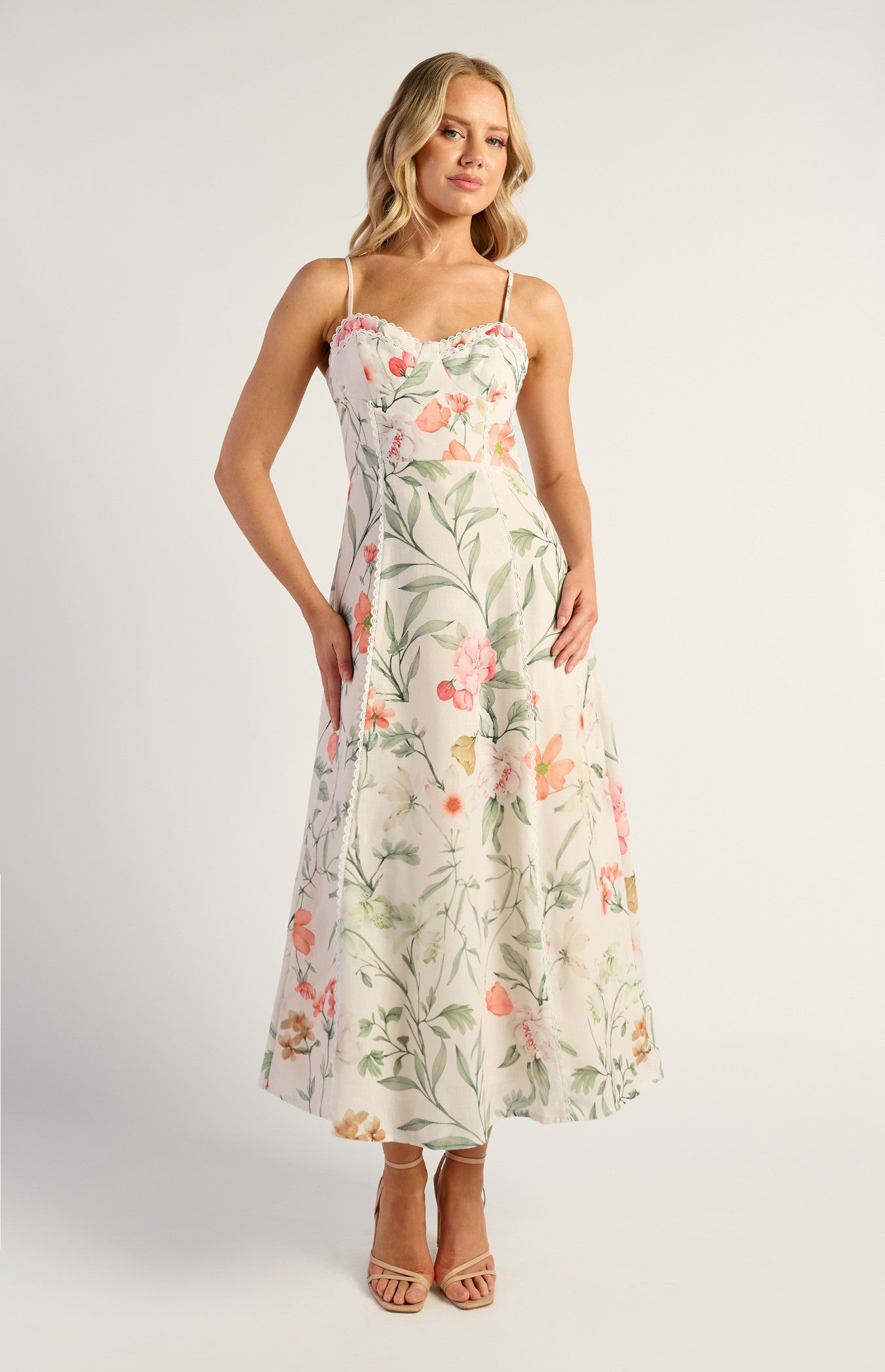 SOGNA COL Botanica Floral Faux Linen Bust Detail Midi Dress SDR1838A