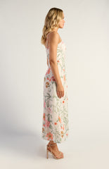 SOGNA COL Botanica Floral Faux Linen Bust Detail Midi Dress SDR1838A