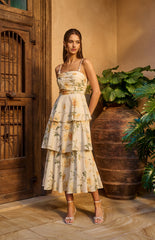 SOGNA COLWispy Florals Tiered Hem Midi Dress SDR1841A