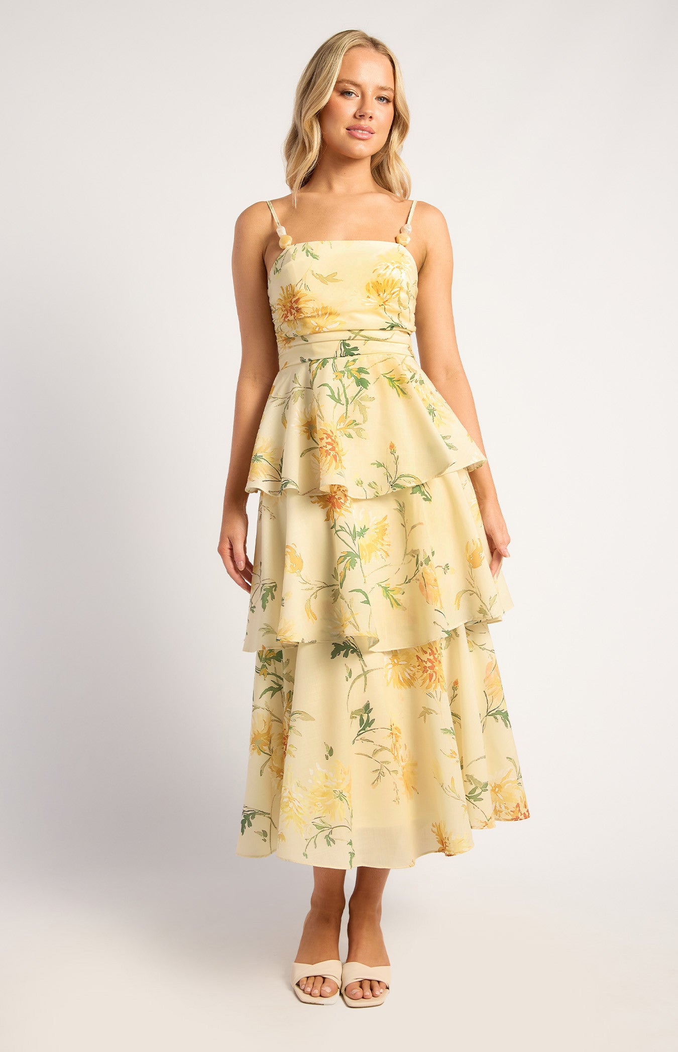 SOGNA COLWispy Florals Tiered Hem Midi Dress SDR1841A
