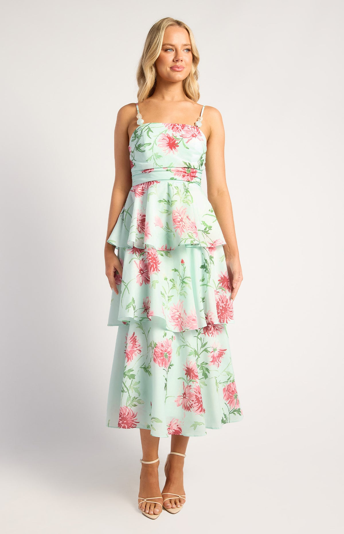 SOGNA COLWispy Florals Tiered Hem Midi Dress SDR1841A
