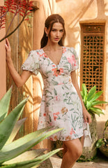 SOGNA COL Botanica Floral Faux Linen Knot Keyhole Detail Mini Dress SDR1845A