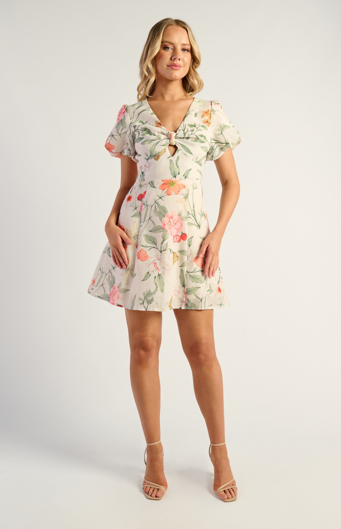 Botanica Floral Faux Linen Knot Keyhole Detail Mini Dress SDR1845A