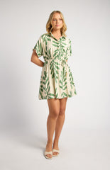 SOGNA COLLeaf Print Elastic Waist Shirt Dress SDR1867A