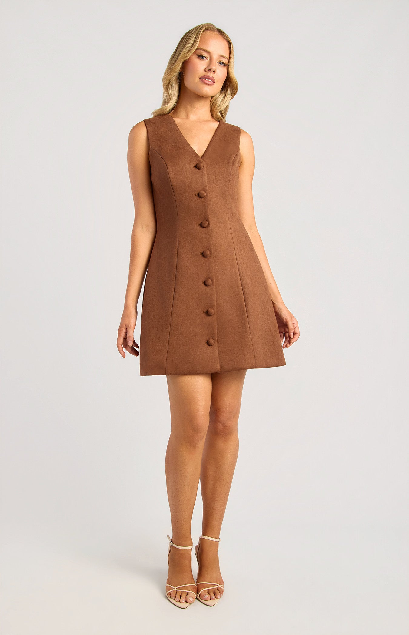 Button Up Sleeveless Suede Mini Dress SDR1932A