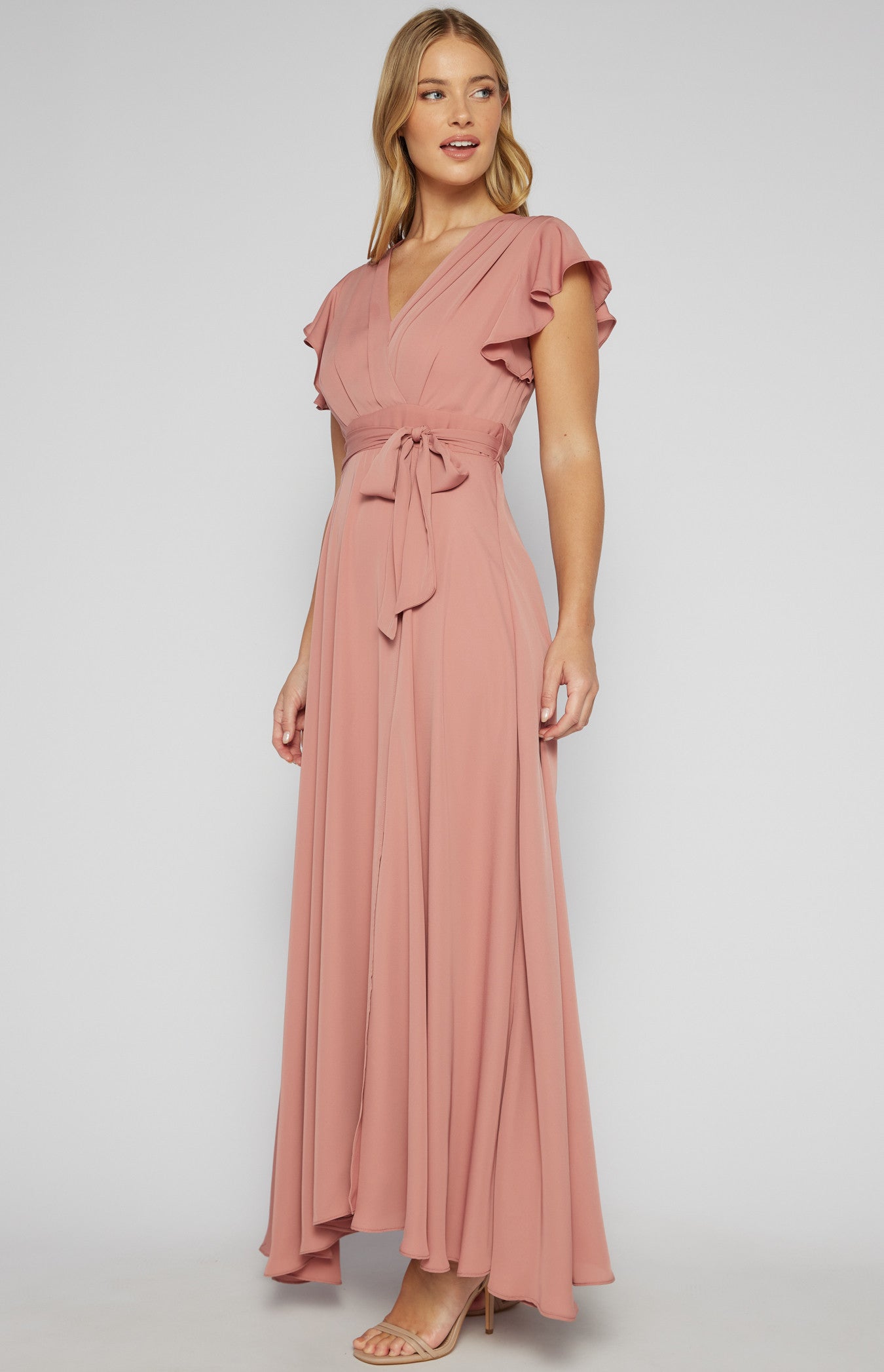 Pleated Front Butterfly Sleeve Maxi Dress SDR581B