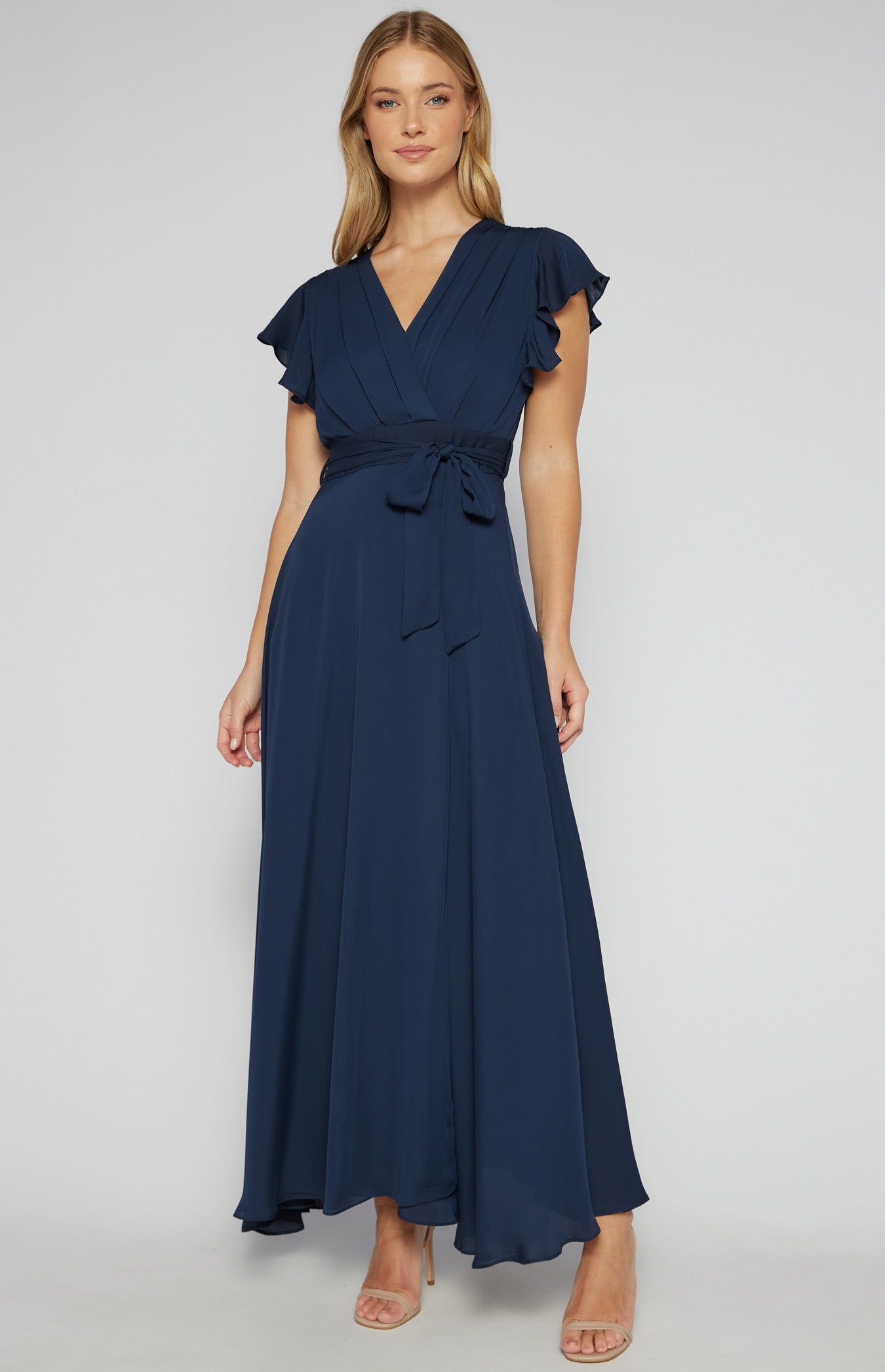 Pleated Front Butterfly Sleeve Maxi Dress SDR581B