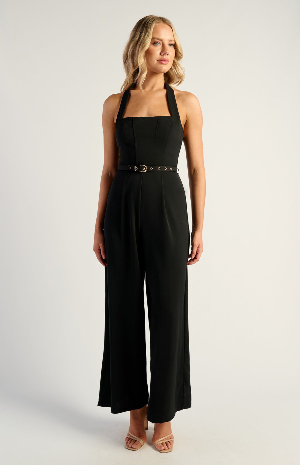 SOGNA COL Halter Neckline Jumpsuit With Gold Buckle And Eyelet Belt Detail SJP614A