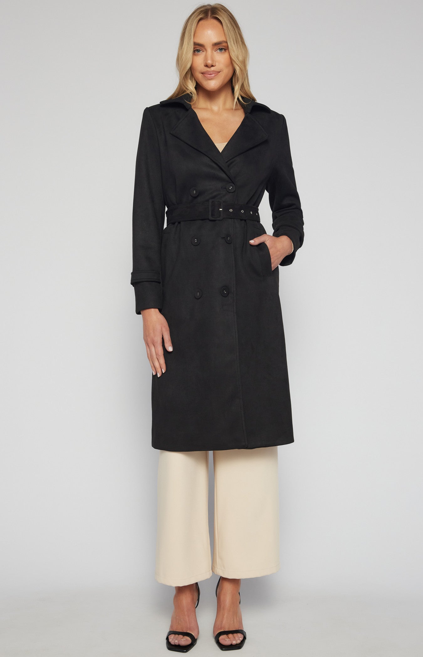 SOGNA COL  Longline Suede Coat with Self Fabric Buttons and Buckle  SJT392B