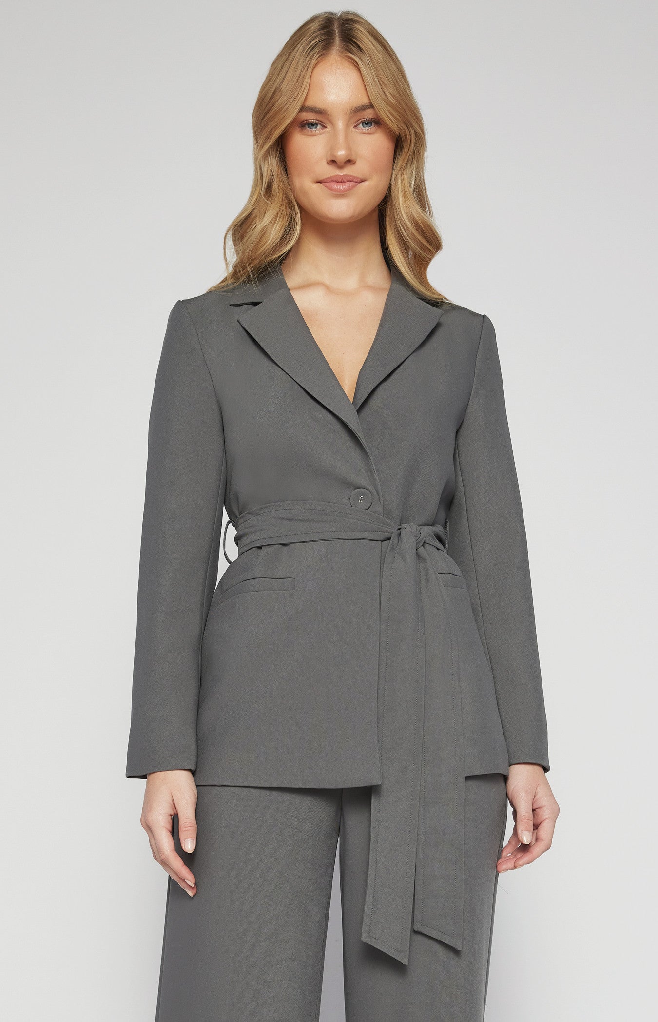 SOGNA SJT394B belted tailored blazer in Charcoal – model view