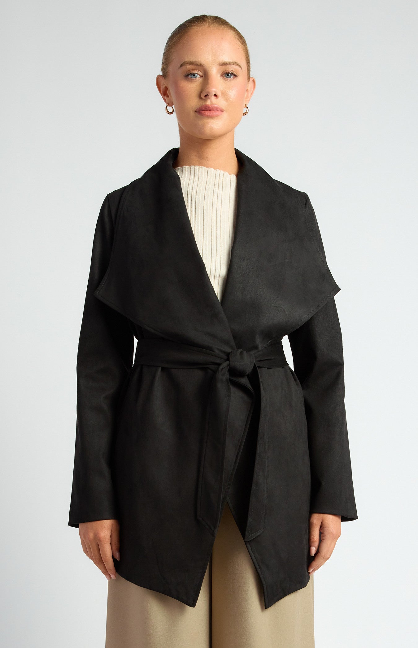 Faux Suede Waterfall Jacket With Waist Tie And Pockets  SJT409A