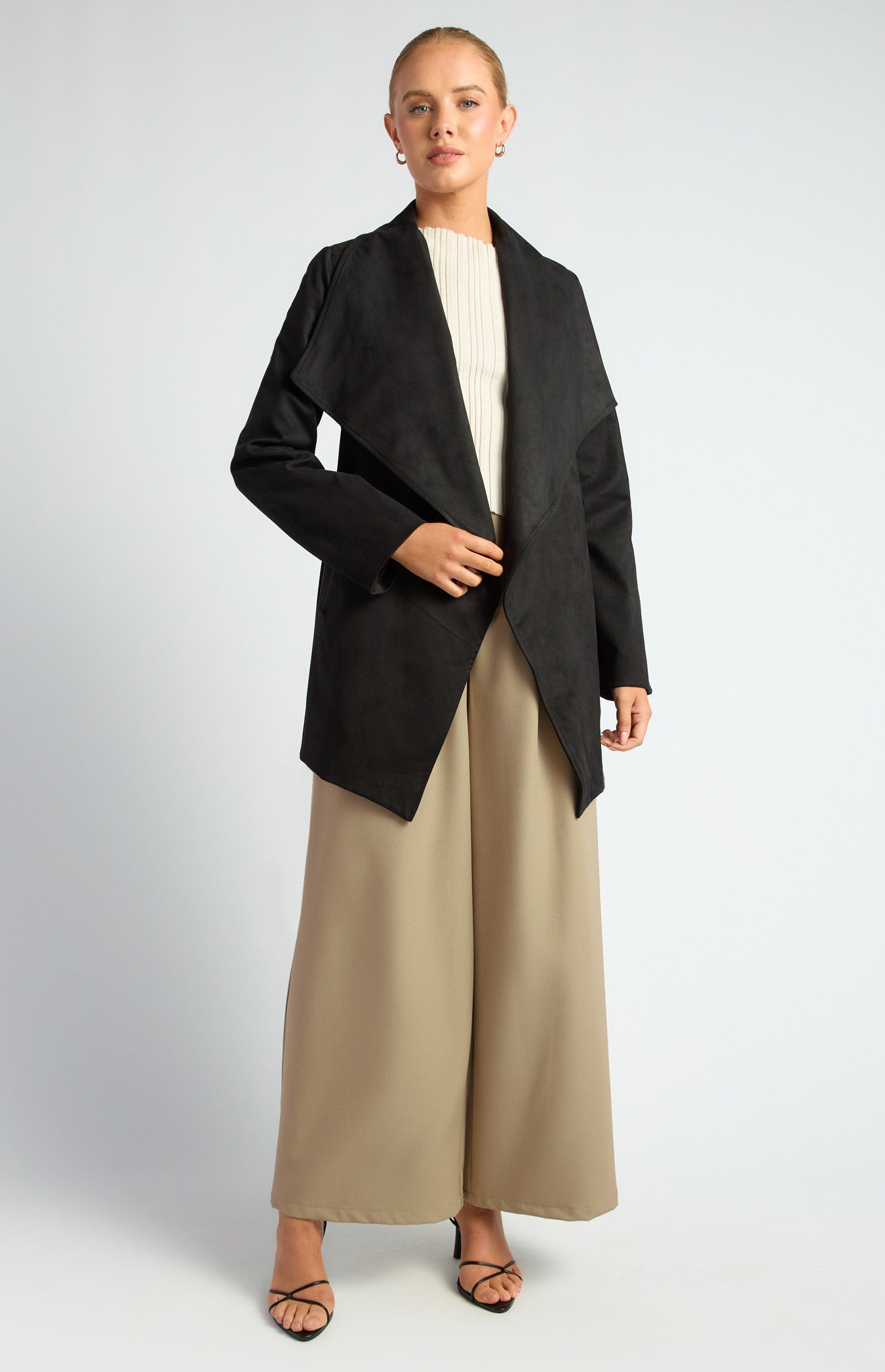 Faux Suede Waterfall Jacket With Waist Tie And Pockets  SJT409A