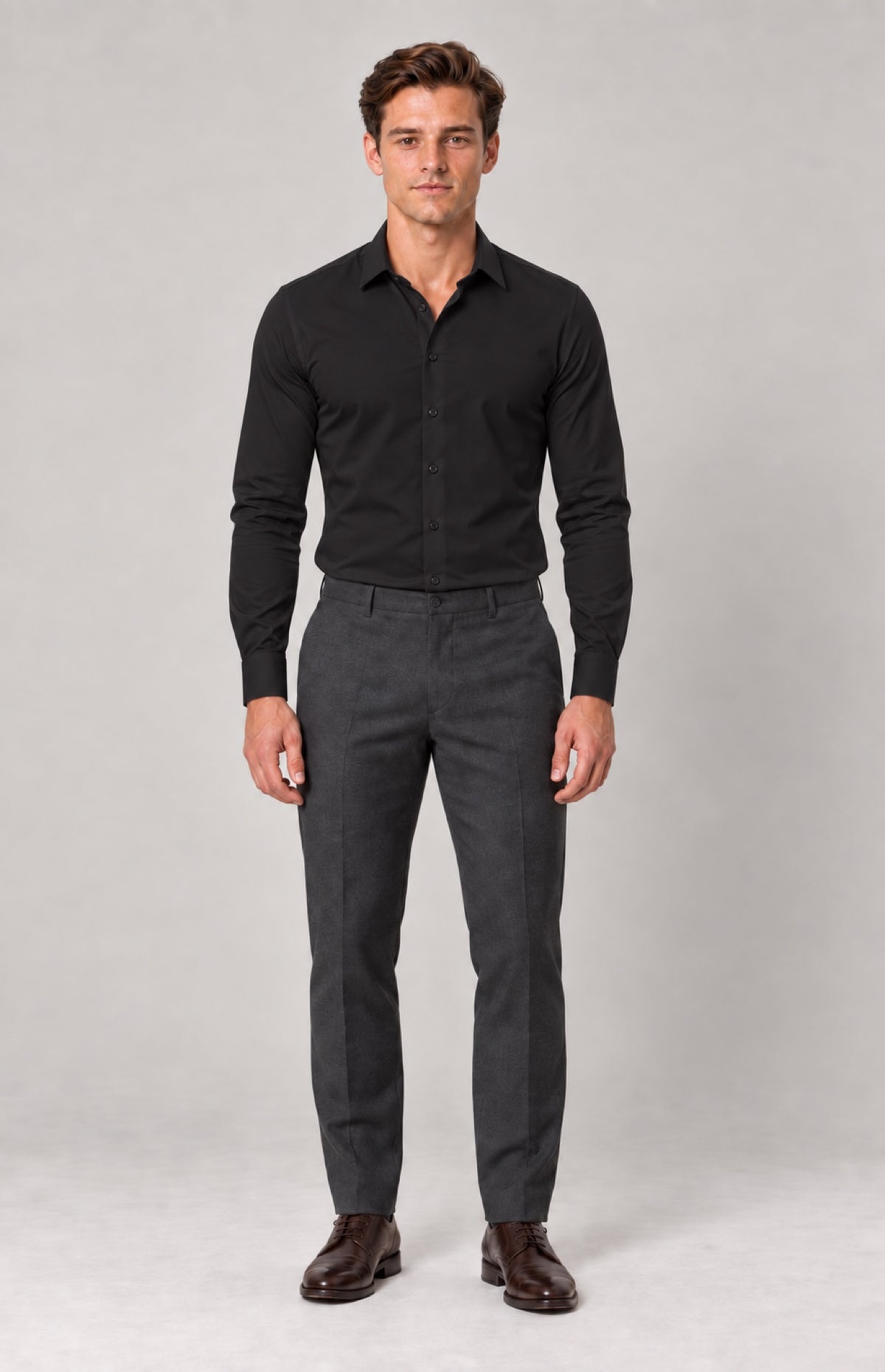 SOGNA 1129 black bamboo stretch slim-fit shirt on M01 model, front view