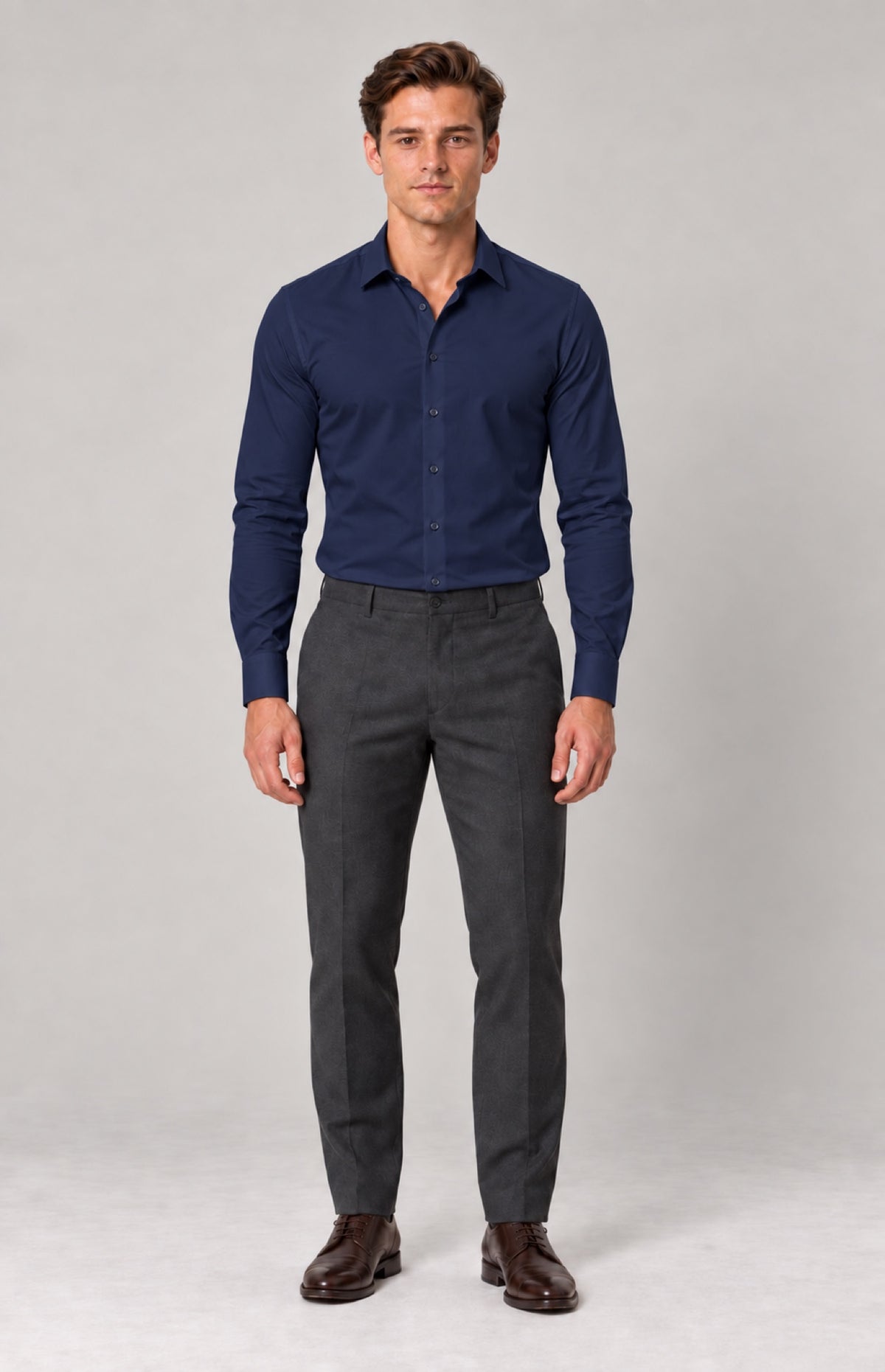 SOGNA 1129 navy bamboo stretch slim-fit shirt on M01 model, front view