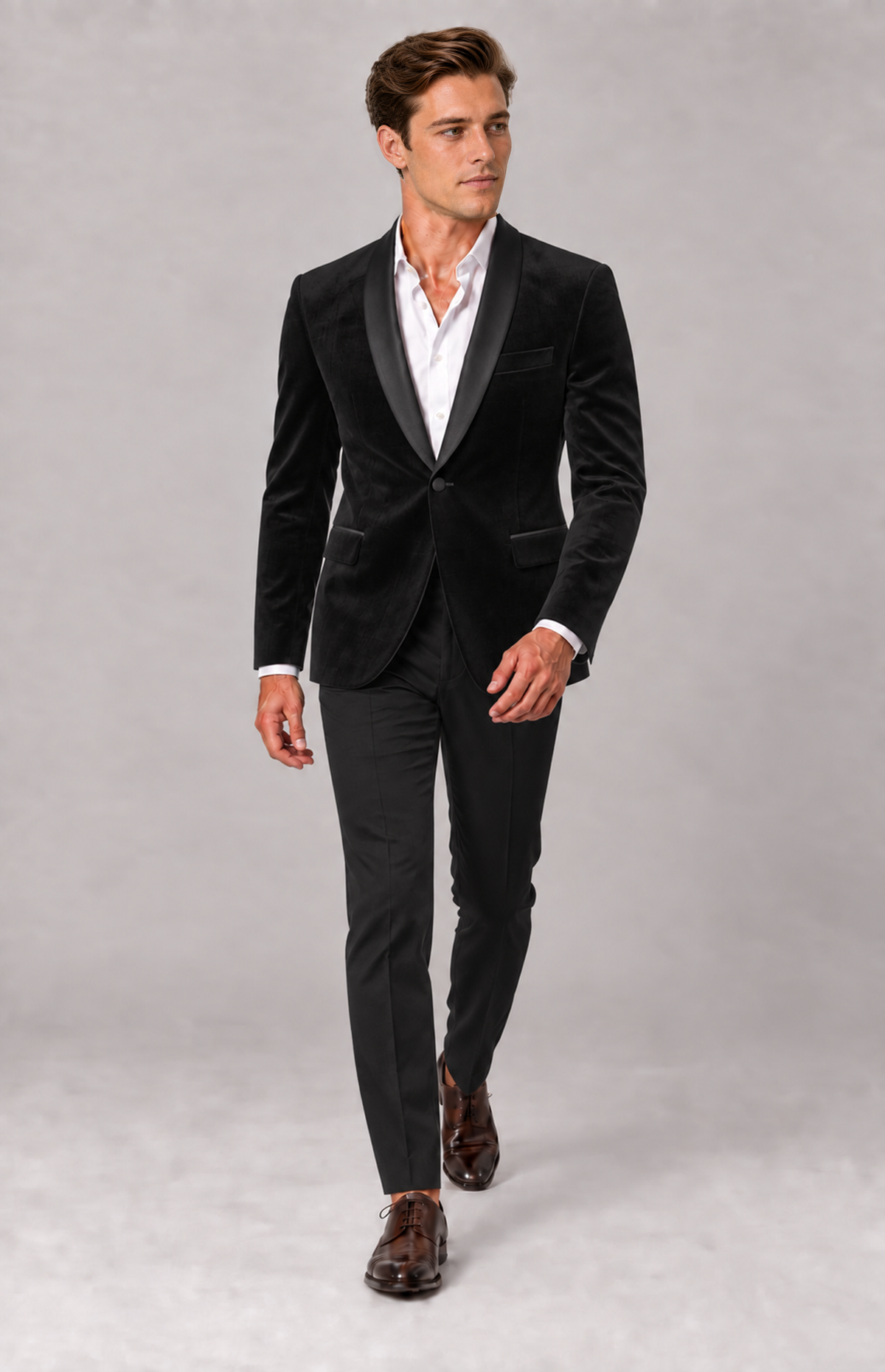 M01 wearing the black 1281W2 velvet dinner jacket with black satin shawl lapels, full-length walking view. Jacket only; other items are styling.