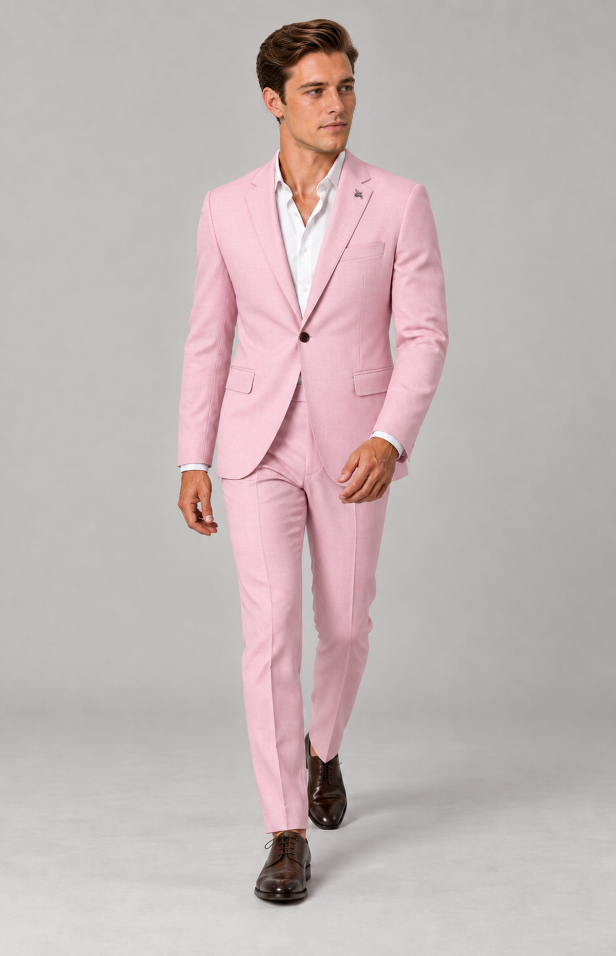 Full-length view of the pink Quinn 1907 suit trousers, styled with a matching jacket
