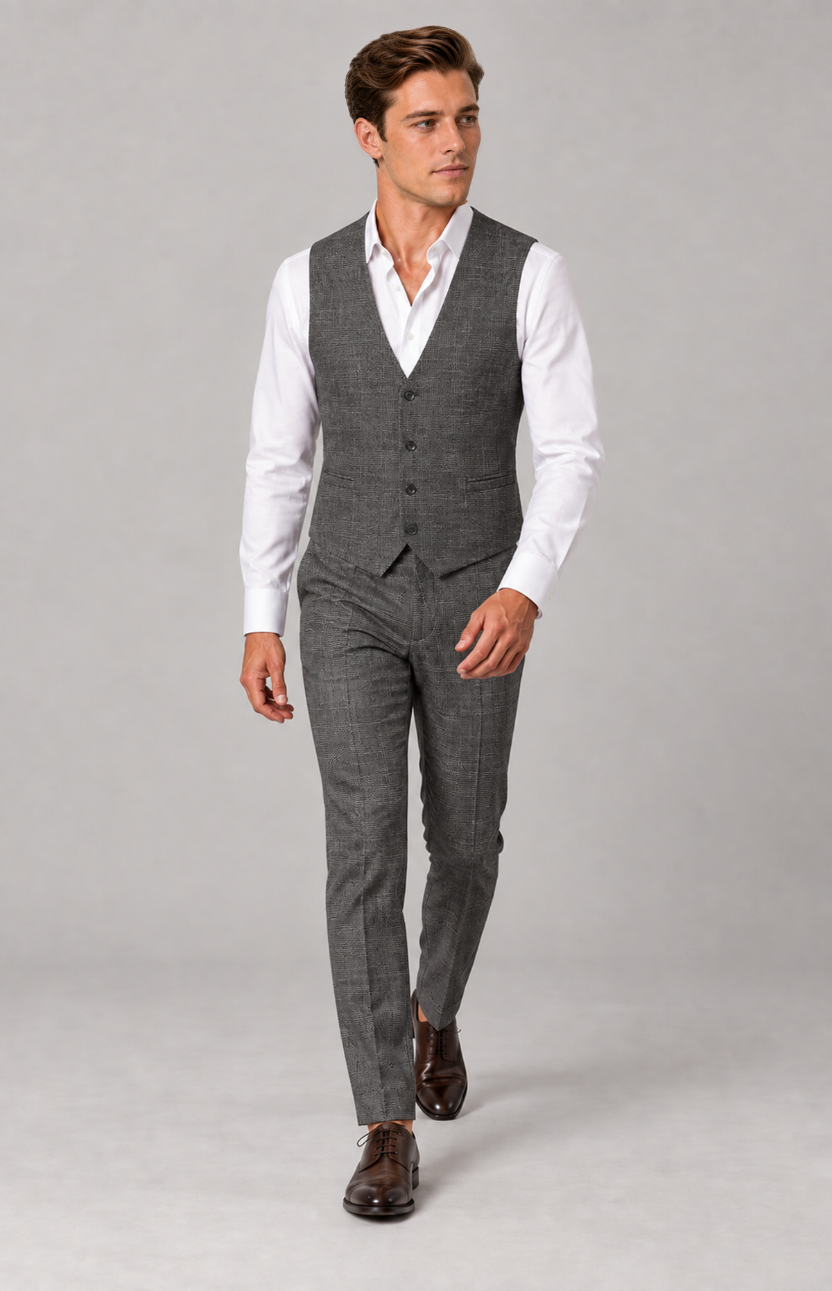 M01 wearing the steel Harper 2138 textured-check waistcoat, full-length walking view. Waistcoat only; trousers, shirt and shoes are styling.