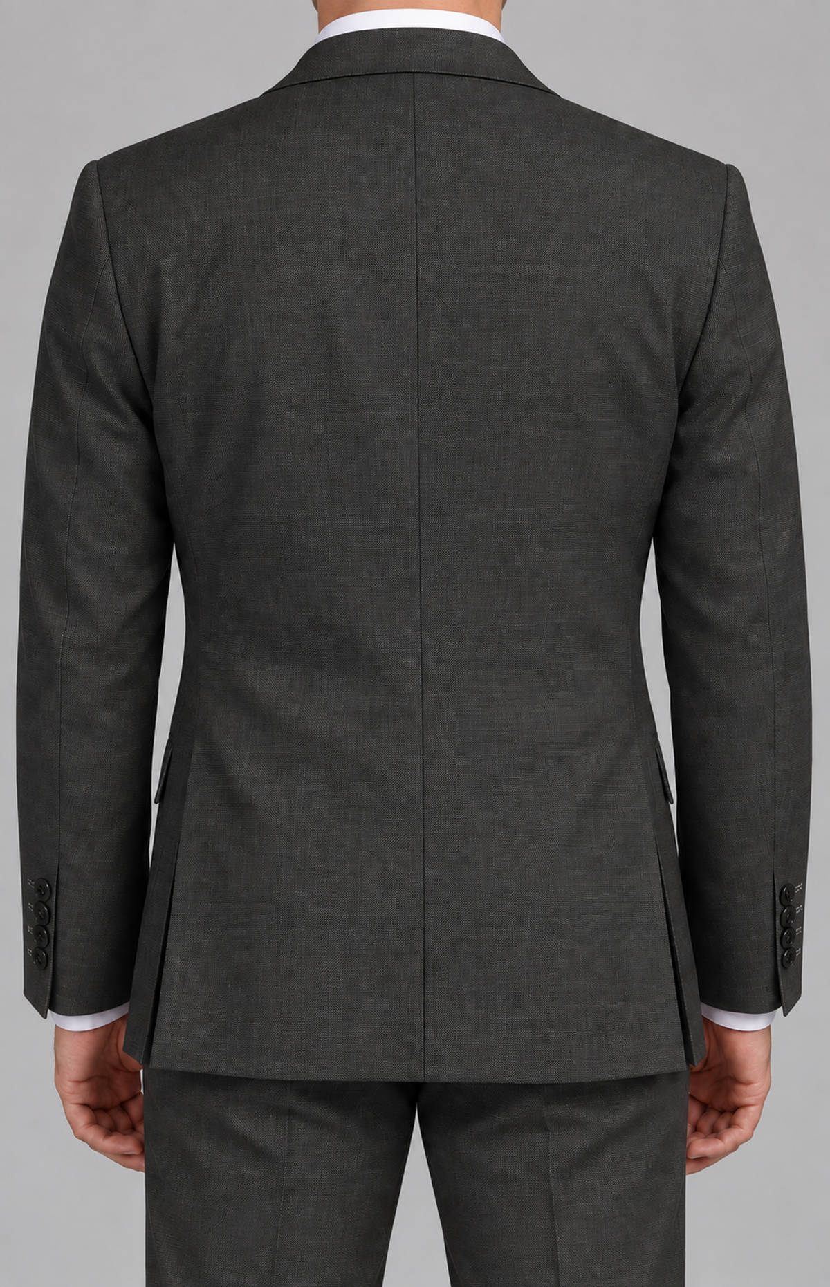 Rear view of the 22160 birdseye suit jacket in charcoal
