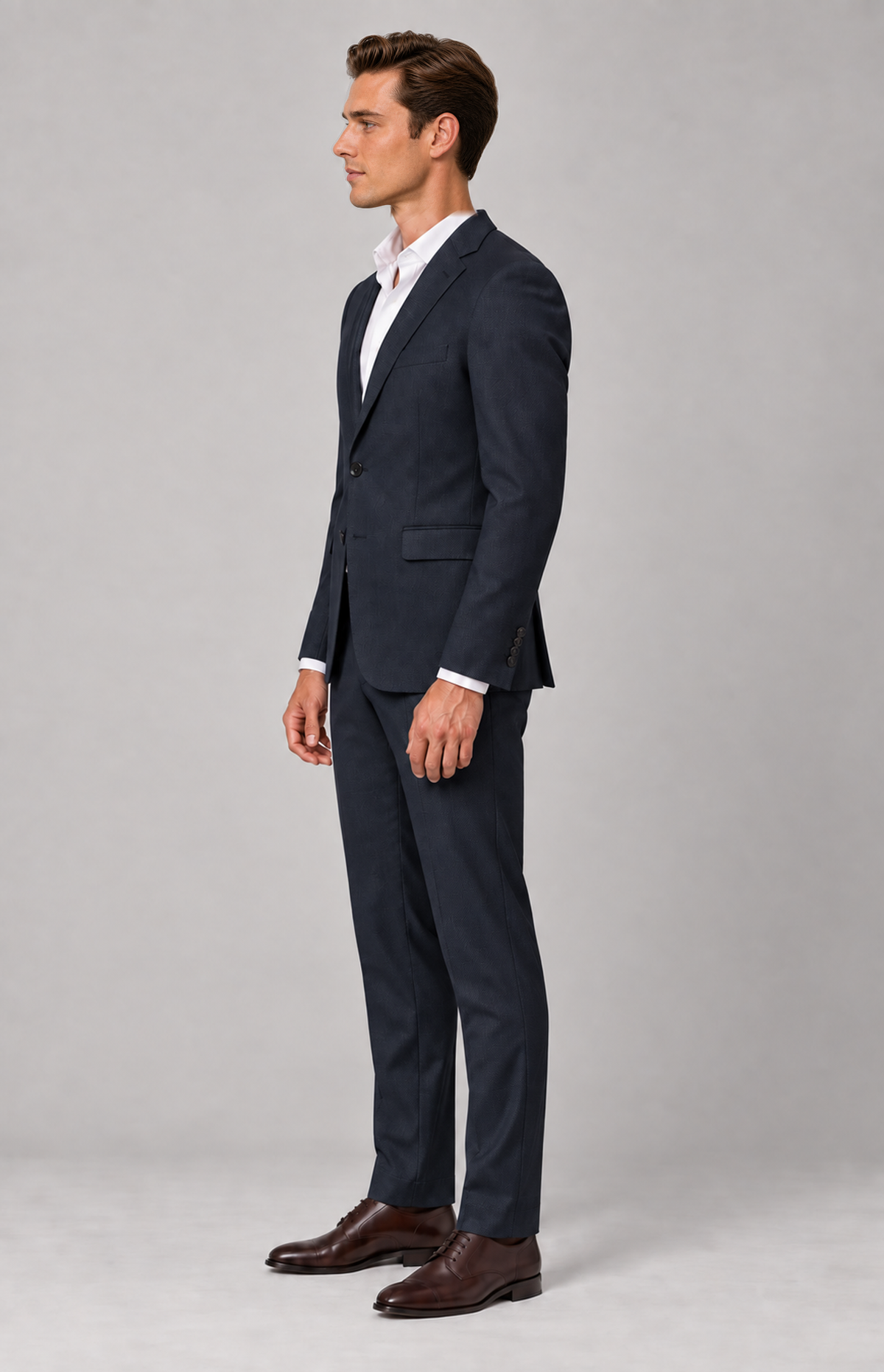 Side view of the navy 22160 birdseye suit