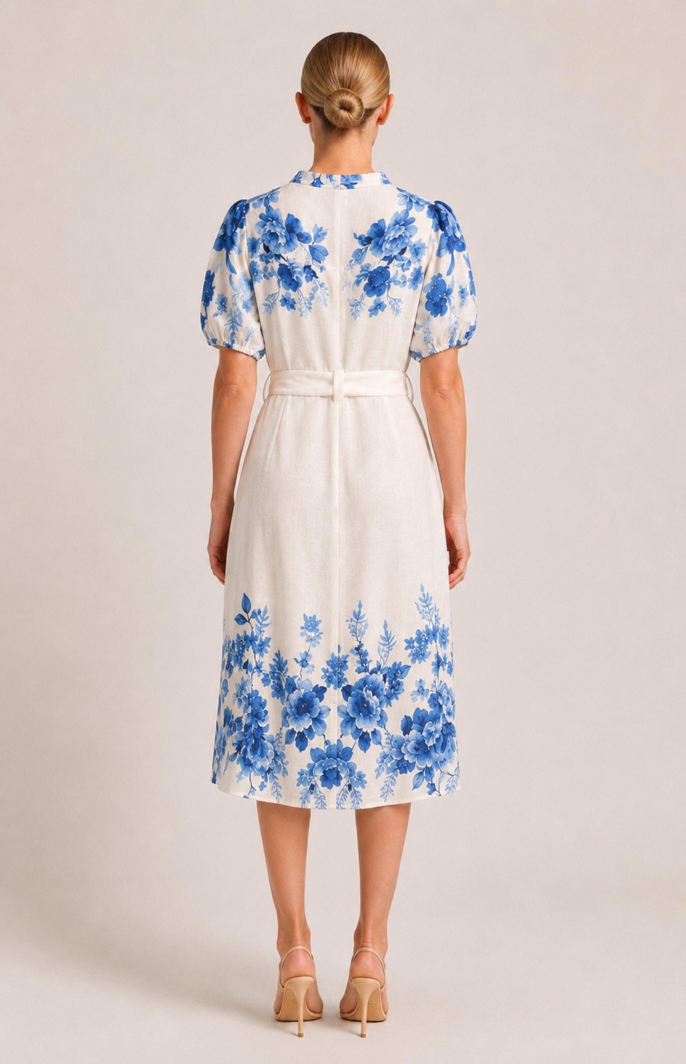 SOGNA blue floral linen-blend belted 42-inch midi dress on W01_v1 model – back view