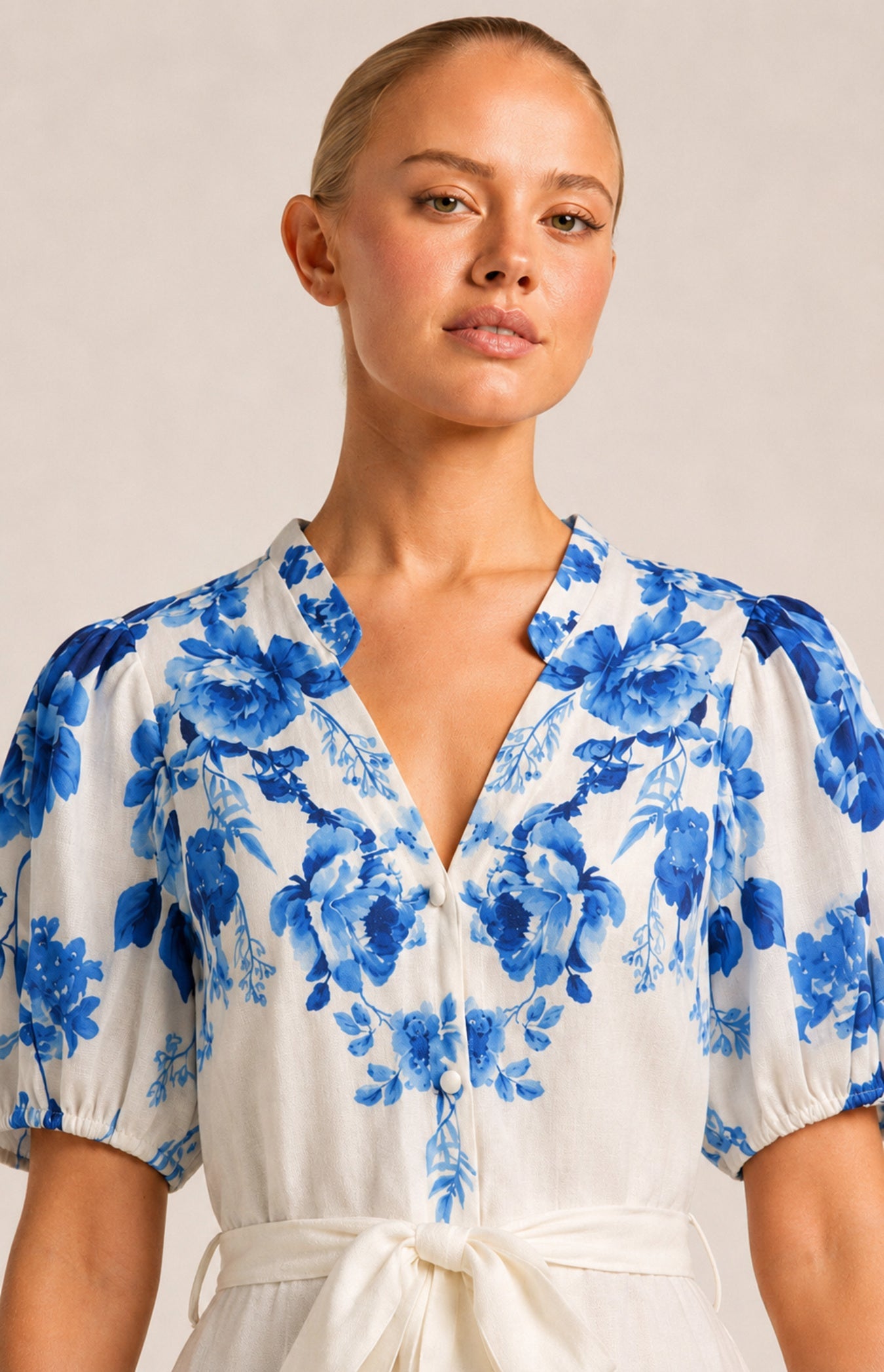SOGNA blue floral midi dress – collar, puff sleeves, covered buttons and tie-belt detail