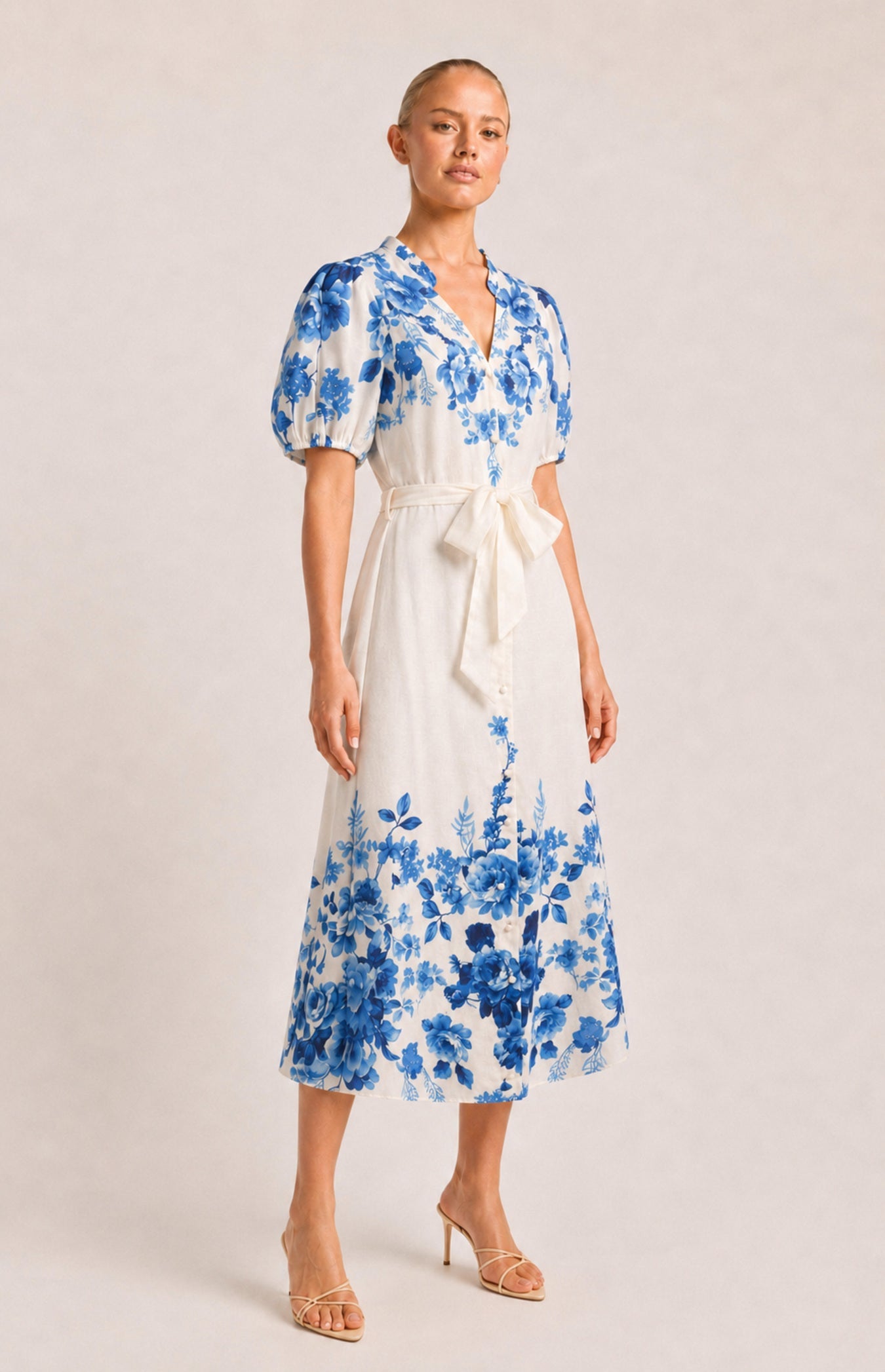 SOGNA blue floral linen-blend belted 42-inch midi dress on W01_v1 model – front 45-degree view